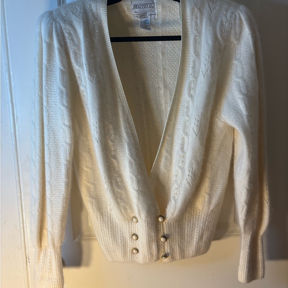 Vintage Side Effects Angora & Rabbit Hair White/CreamCable Knit Cardigan Sweater